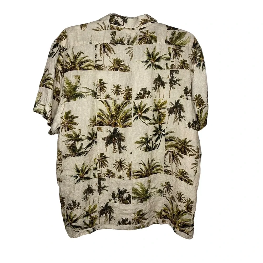 Banana Republic Mens XL 100% Linen Tropical Palm Tree Short Sleeve Shirt Beige